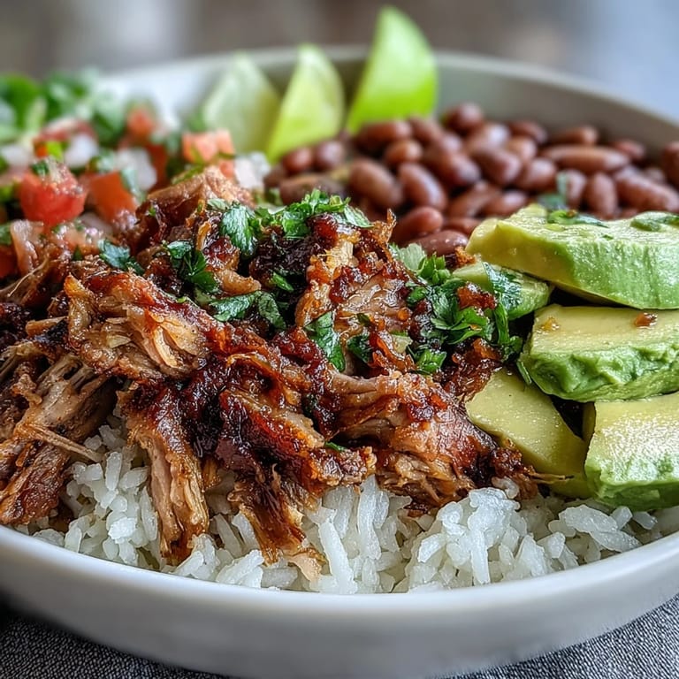 A close-up of a Carnitas Bowl shows crispy-edged carnitas nestled over rice and beans, served with lime wedges for squeezing.