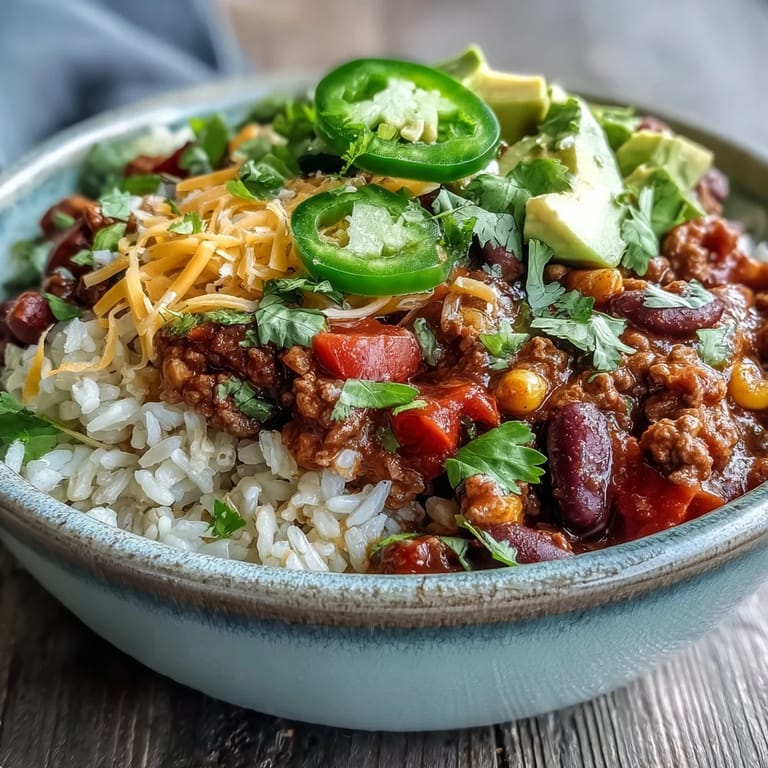 Spoonful of vibrant Chili Bowl Base ladled over brown rice, topped with cheddar cheese, jalapeños, and fresh cilantro.