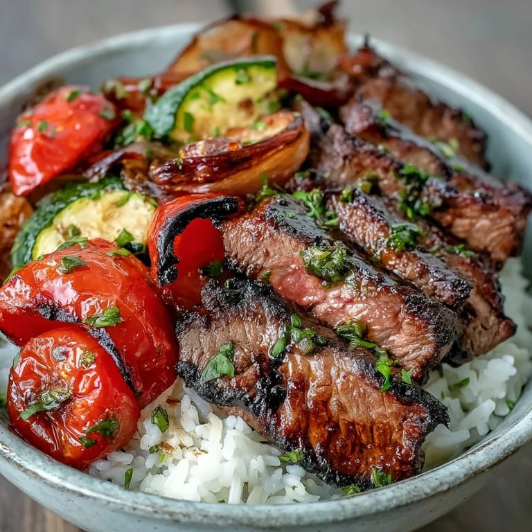 Sizzling steak slices and tender roasted veggies sit atop jasmine rice in this easy, oven-cooked Sheet Pan Steak and Veggie Bowl.