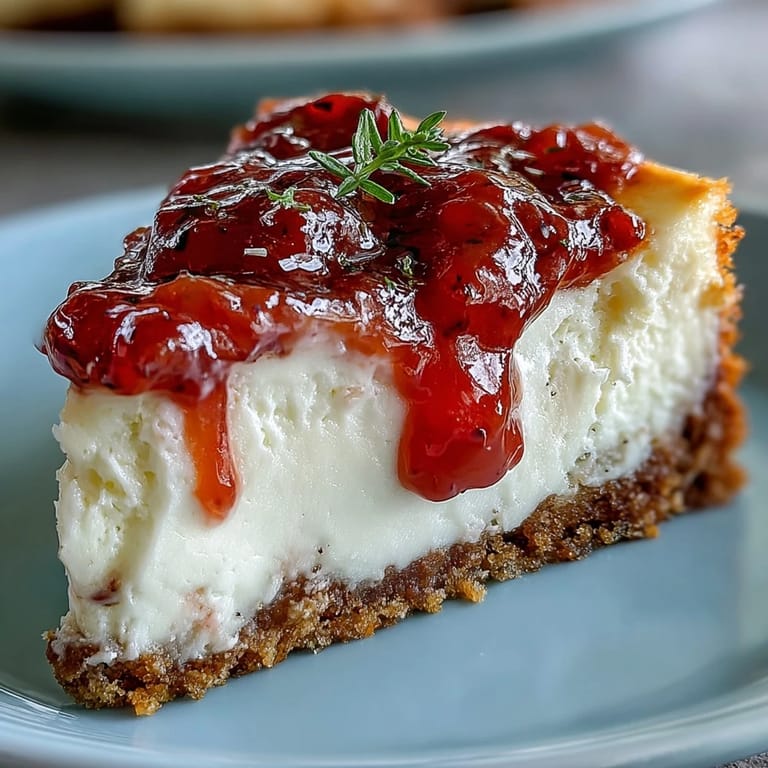 A whole Guava Cheesecake sits on a cooling rack, featuring a vibrant pink marmalade swirl topping.