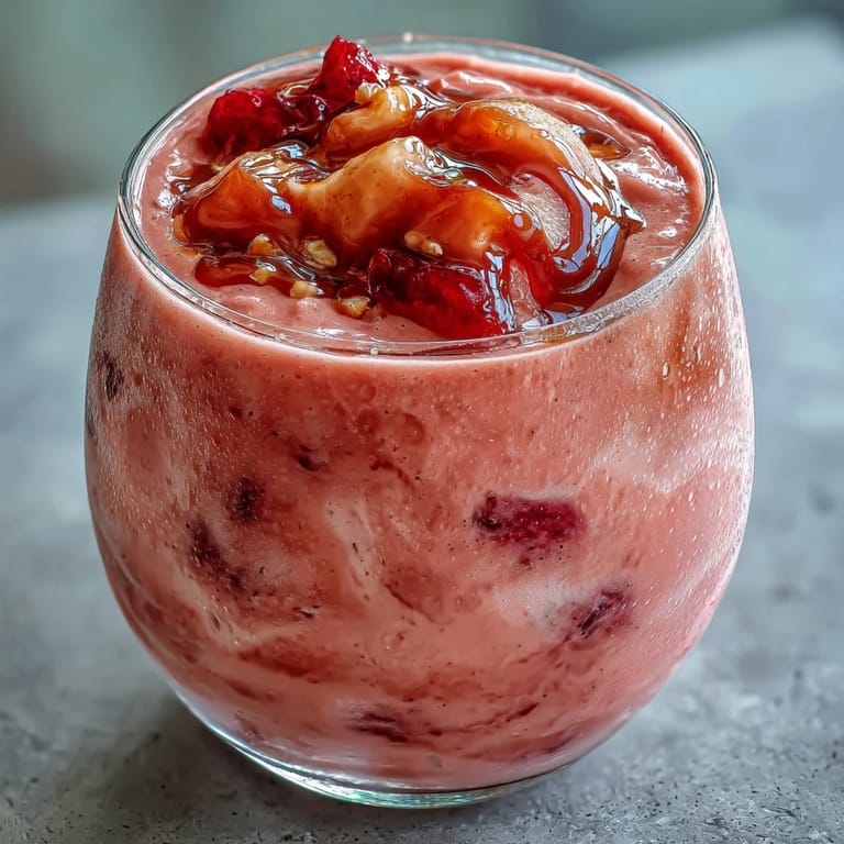A close-up of a blender pitcher pouring Guava Juice Smoothie beside sliced guava and honey.
