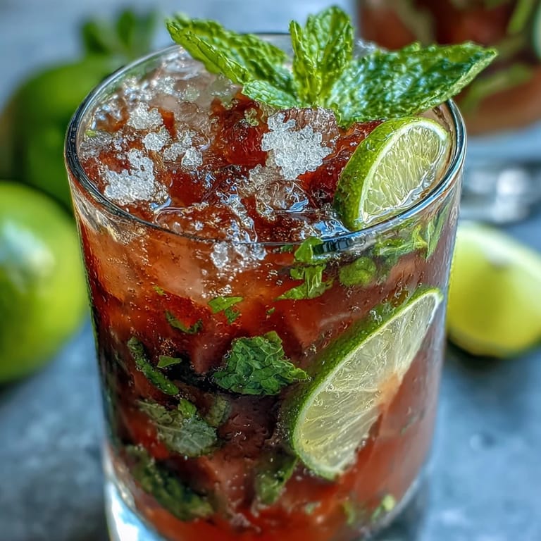 Chilled guava mojito recipe topped with club soda, featuring fresh mint sprigs and crushed ice for a tropical Cuban-inspired drink.