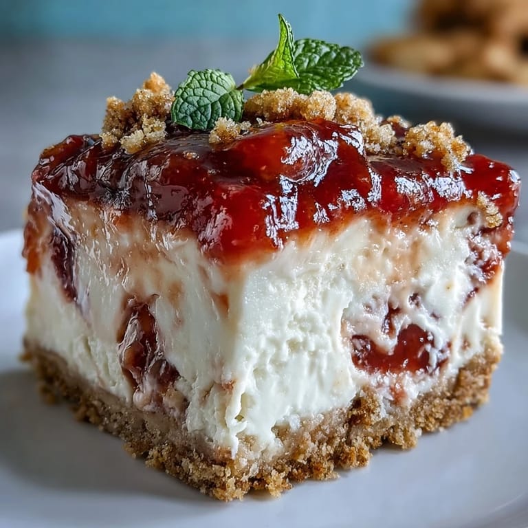 Creamy no-bake Easy Guava Swirl Cheesecake with vibrant pink swirls on a marble counter.