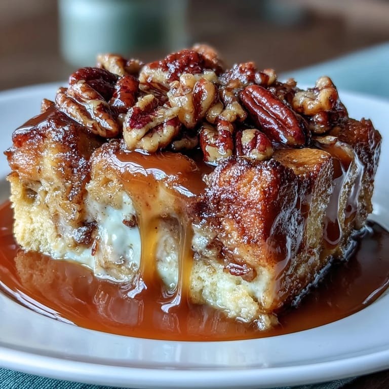 A slice of Guava Caramel Bread Pudding With Pecans sits on a plate with vanilla ice cream.