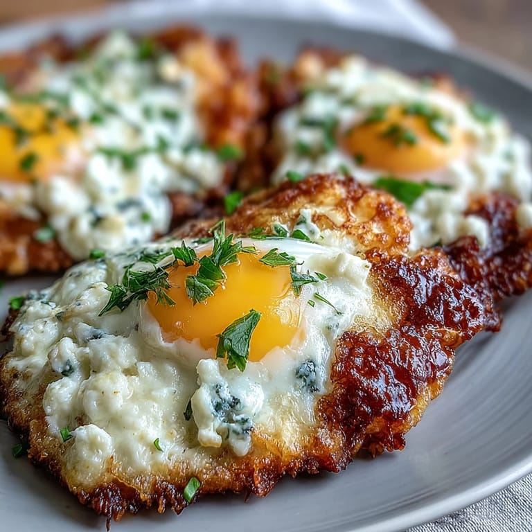 A close-up of Crispy Feta Fried Eggs shows golden edges and soft whites, seasoned with red pepper flakes for heat.