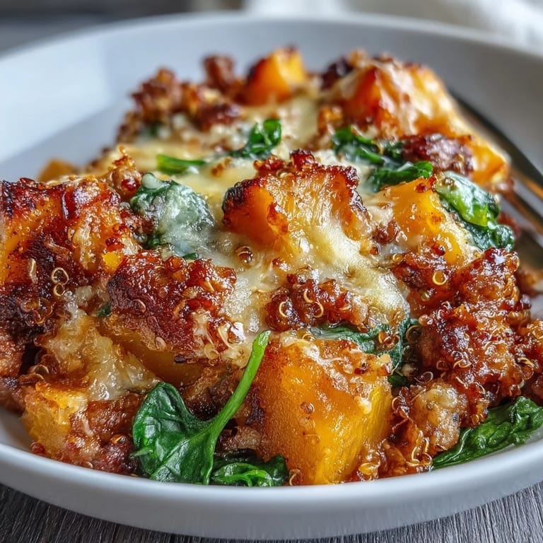Close-up on Cozy Butternut Squash & Sausage Casserole, highlighting crispy Parmesan crust and juicy sausage crumbles on a rustic table.