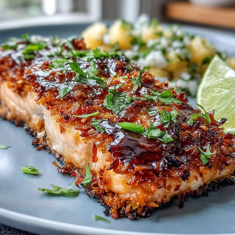 Close-up of golden Coconut Crusted Salmon with a crunchy coconut crust and chunky Pineapple Salsa garnish.