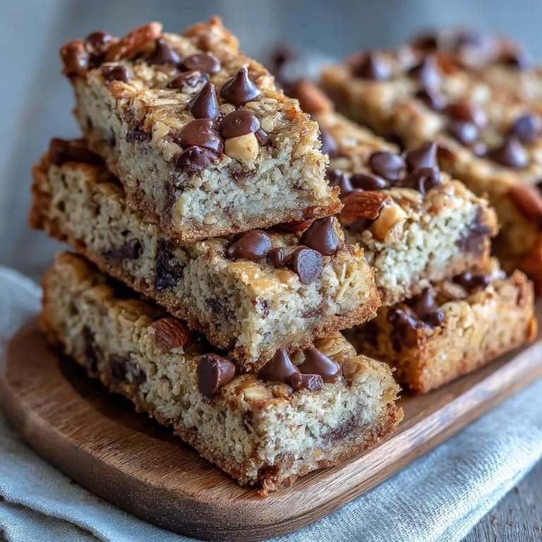 Sliced banana baked oatmeal bars are stacked to show their soft, chewy texture and wholesome ingredients.
