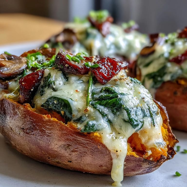 Roasted stuffed sweet potatoes topped with bubbly cheese, fresh herbs, and savory mushroom filling.