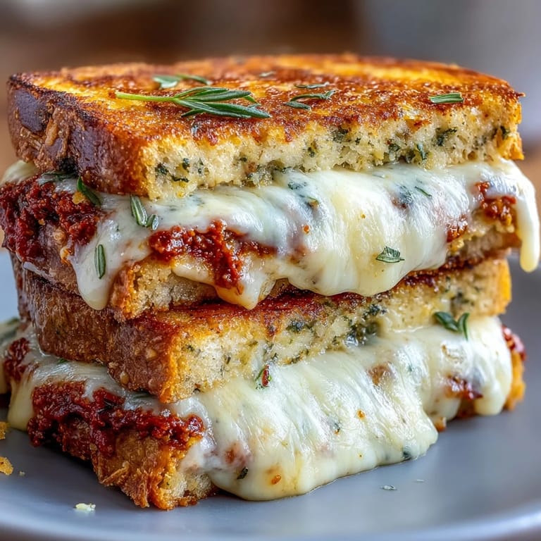 A toasted Sun-Dried Tomato Pesto Grilled Cheese sliced in half, showing gooey melted cheese.
