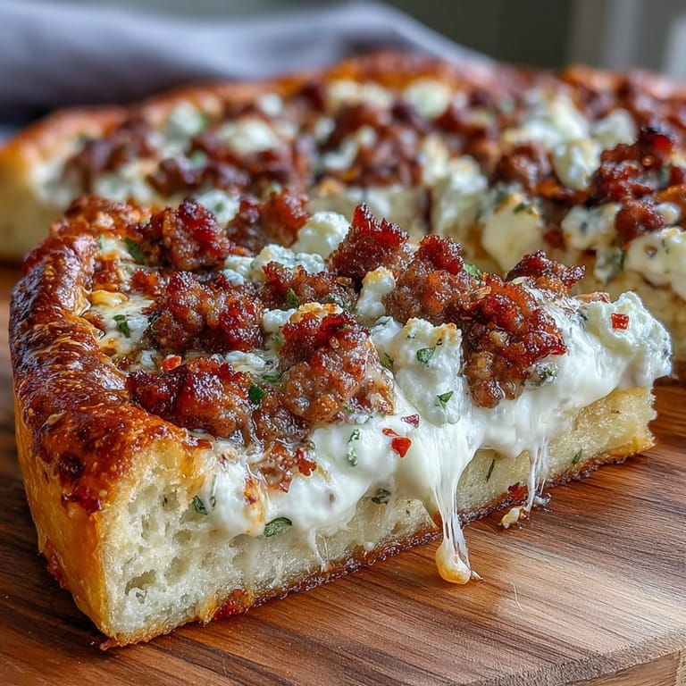 A close-up view of bubbling mozzarella and crumbled sausage on a homemade pizza finished with a drizzle of hot honey.