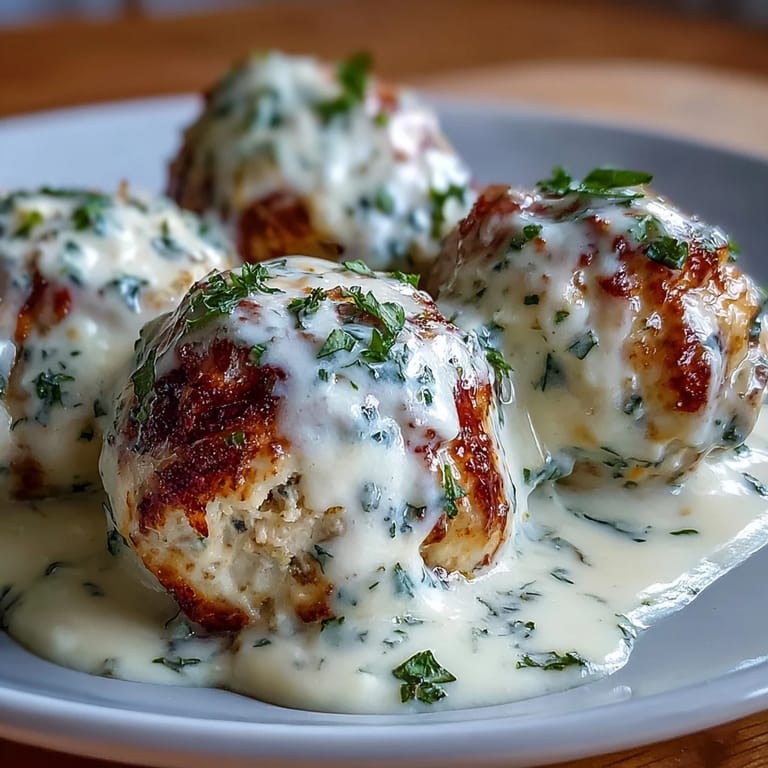 Tender Creamy Garlic Ranch Turkey Meatballs in a luscious white sauce, steaming hot on a rustic plate.