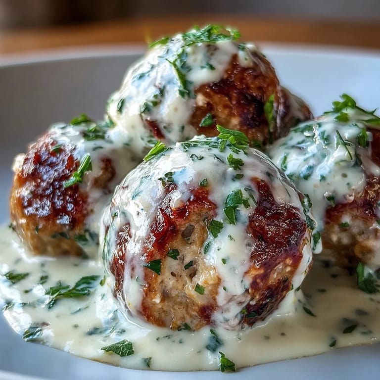 Four servings of Creamy Garlic Ranch Turkey Meatballs over mashed potatoes, ready for a comforting family dinner.