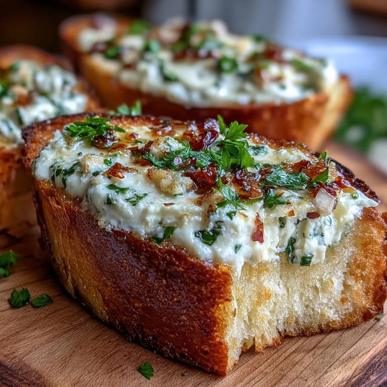 Golden-brown Hot Honey Ricotta Garlic Bread slices on a platter, ready to serve with a side of fresh parsley.