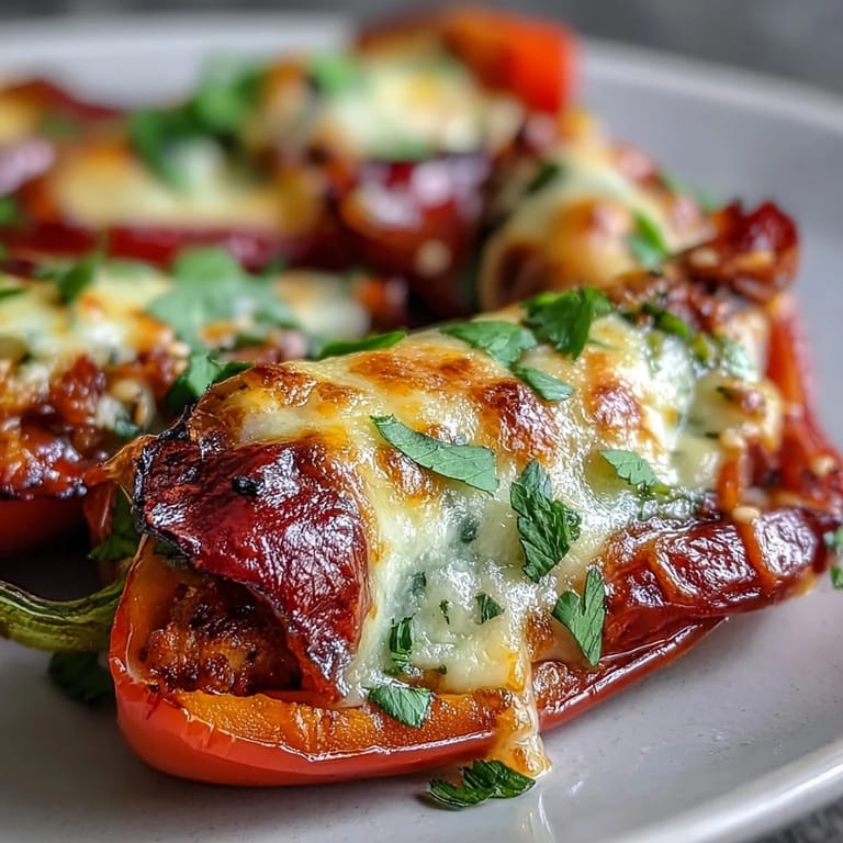 Freshly baked Korean-Style Turkey Stuffed Sweet Peppers garnished with green onions and sesame seeds for a spicy-sweet kick.