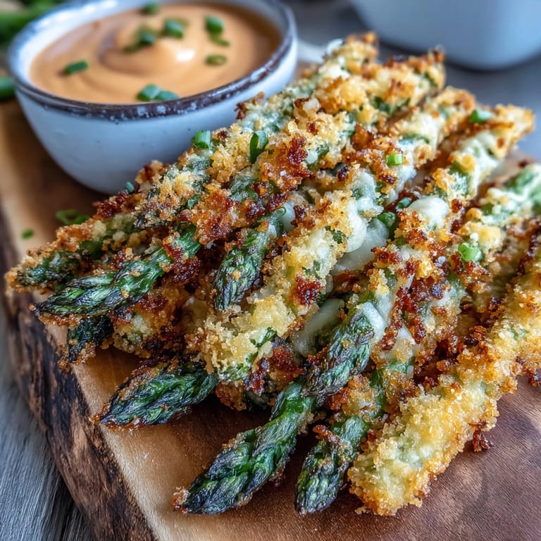 A close-up shows the crunchy breading on Crispy Chili-Garlic Asparagus Fries, highlighting the golden texture and flecks of spice.