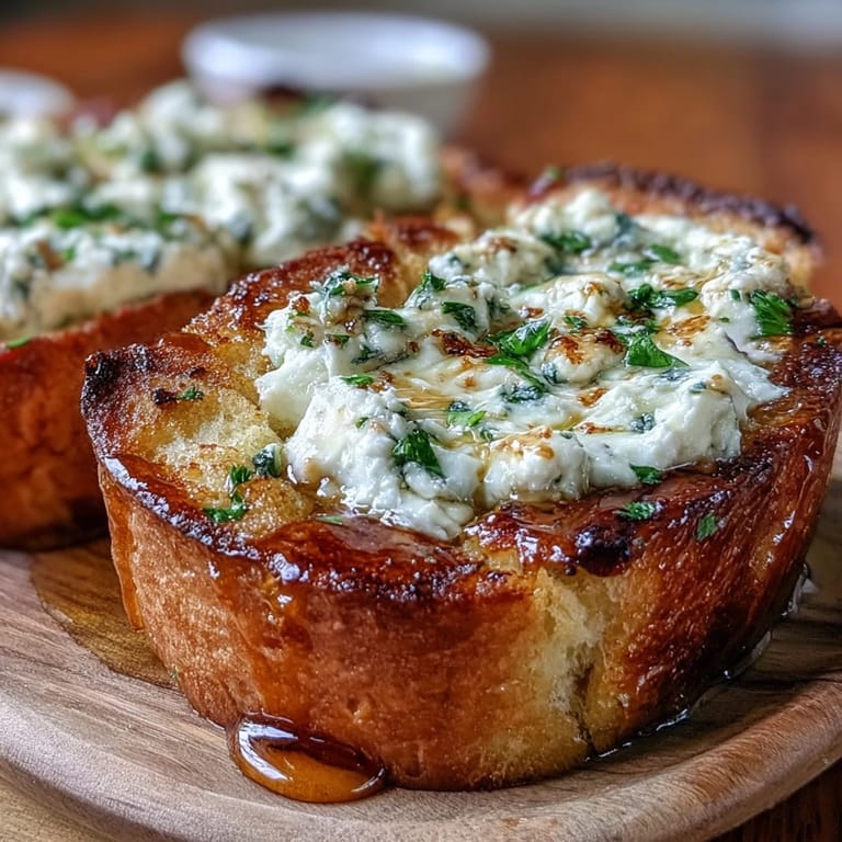 Plated Hot Honey Ricotta Garlic Bread with bubbly golden cheese, garlic herbs, and a glossy hot honey drizzle for a perfect appetizer.