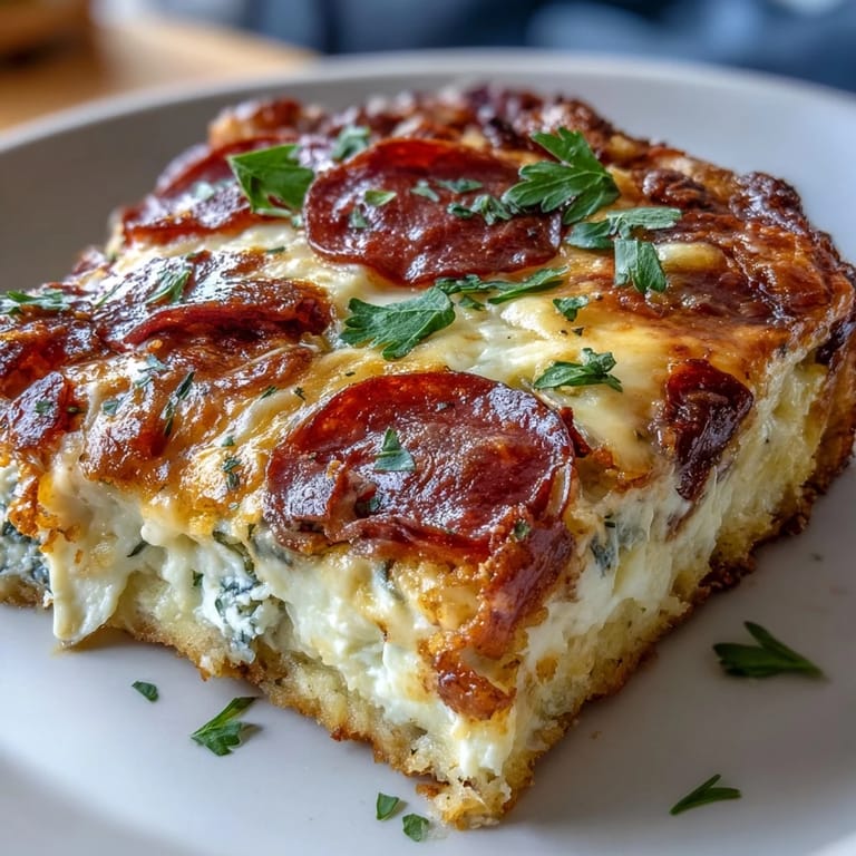 A warm slice of High-Protein Pizza Breakfast Casserole revealing fluffy baked eggs and a Greek yogurt crust on a white plate.