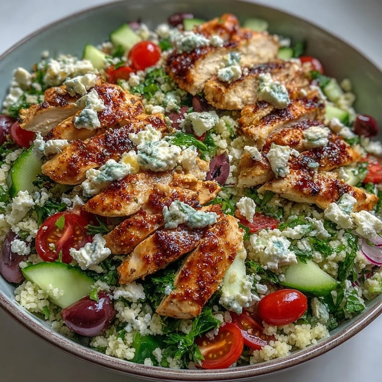 A close-up view of Mediterranean Pearl Couscous Chicken Bowls showing juicy chicken, herby couscous, Kalamata olives, and feta cheese on a rustic plate.