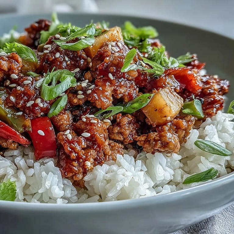 Vibrant one-pan Sweet-and-Sour Turkey Rice Skillet, a fusion of spicy, sweet, and tangy flavors, garnished and ready for a weeknight family dinner.
