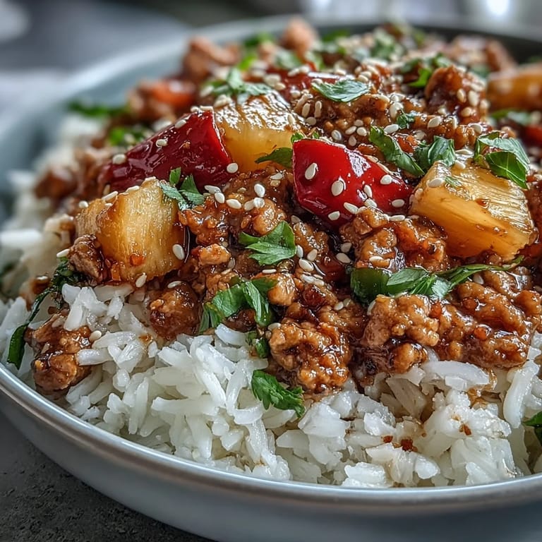Sizzling ground turkey with Korean gochujang and pineapple chunks in a Sweet-and-Sour Turkey Rice Skillet served over fluffy jasmine rice.