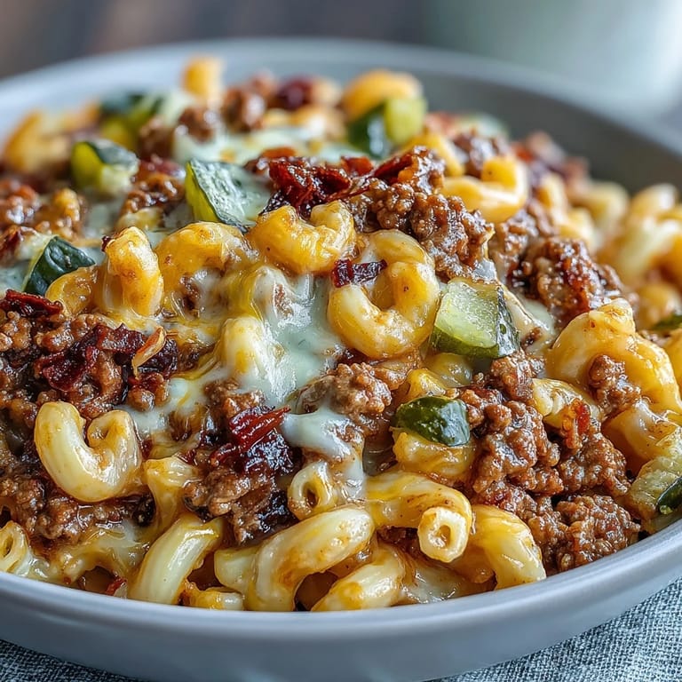 Cheesy One-Pan Cheeseburger Chili Mac in a skillet, topped with tangy pickles and fresh chives, ready to serve.