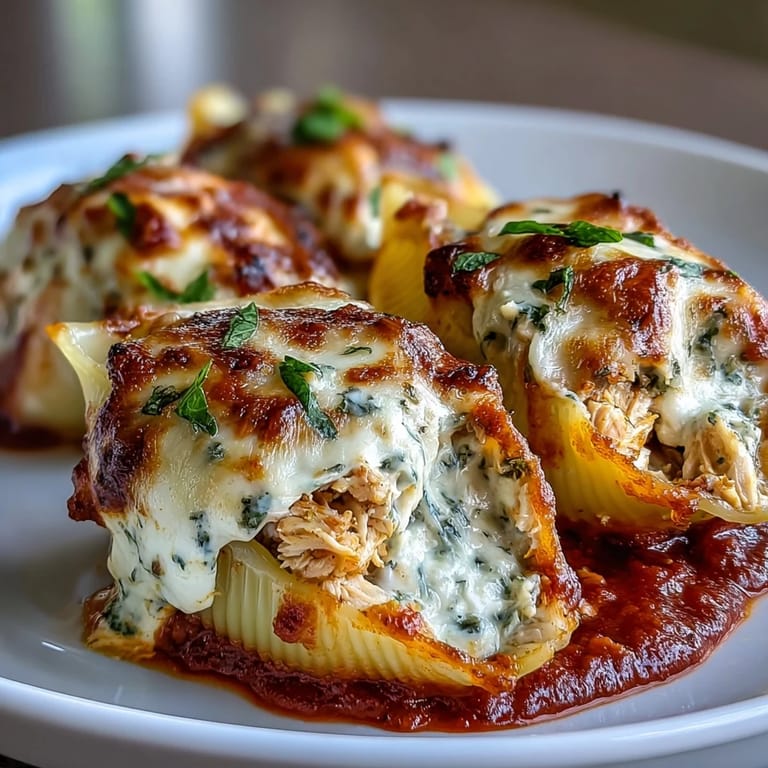 Pesto Chicken Stuffed Shells Lite plated with marinara sauce and a side salad for a family dinner.