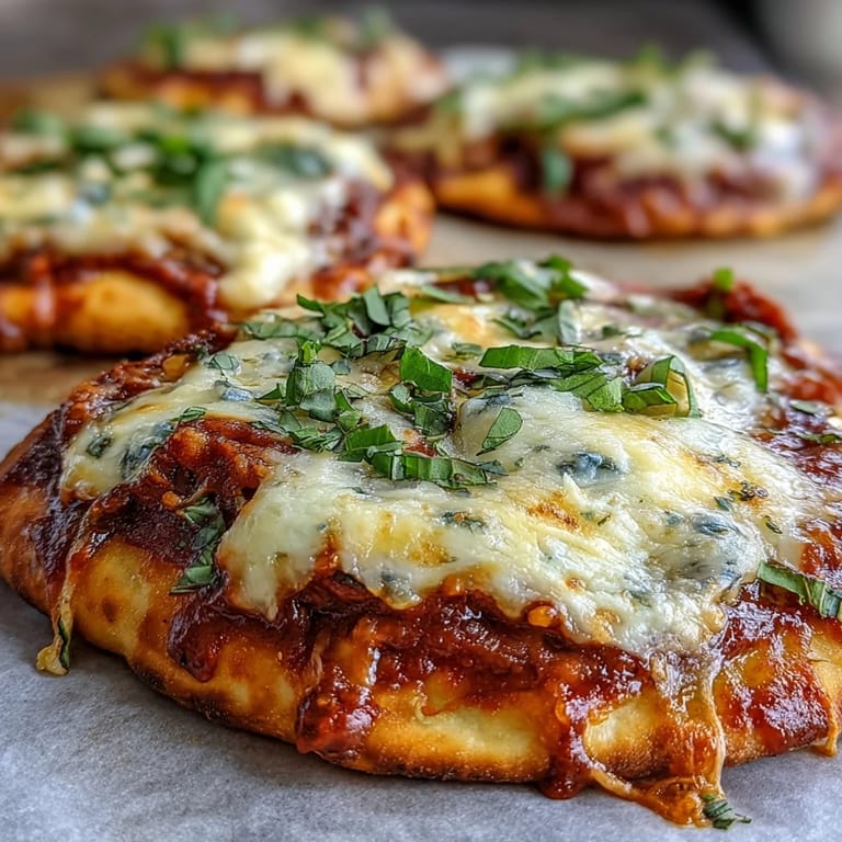 A close-up of savory Garlic Naan Margherita Pizzas with rich marinara sauce and melted cheese, perfect for a quick weeknight dinner.