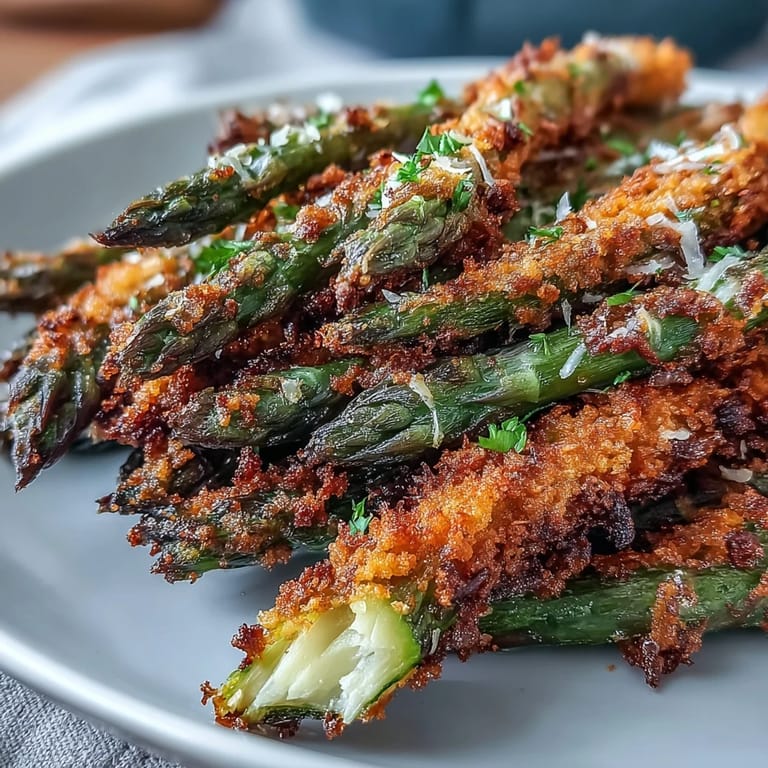 A serving of Crispy Chili-Garlic Asparagus Fries is held by a hand, dipped into a small bowl of spicy mayo.