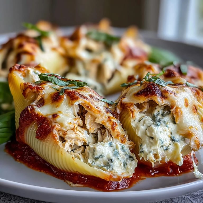 Overhead view of Pesto Chicken Stuffed Shells Lite, revealing creamy filling inside each jumbo pasta shell.