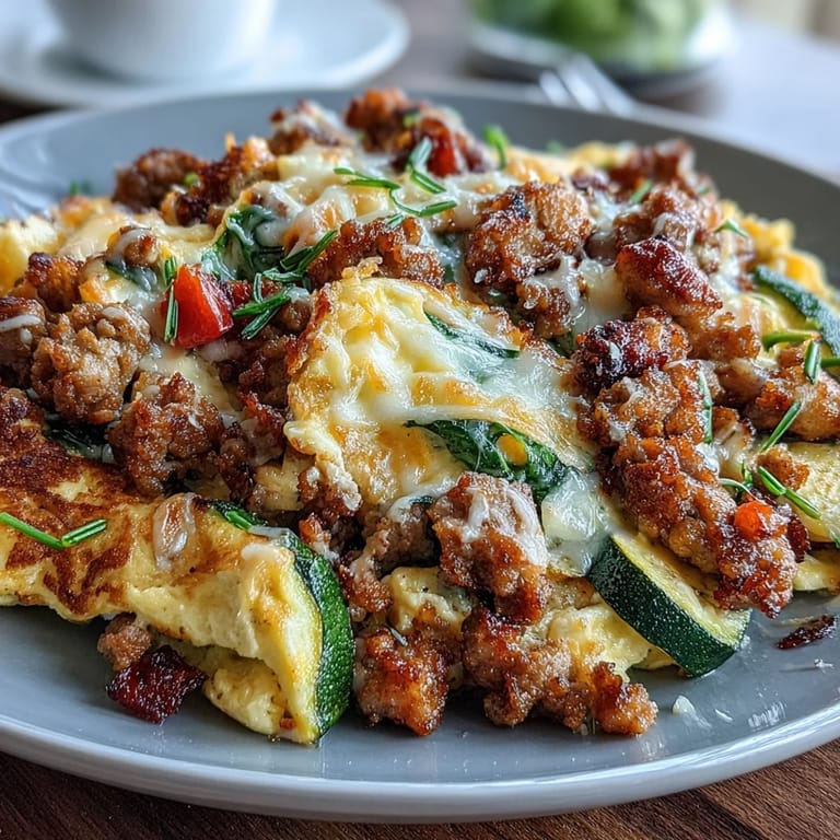 Hearty keto-friendly morning meal with crumbled sausage, fresh vegetables, and melted cheddar cheese.