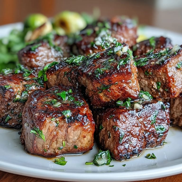 Juicy sirloin steak bites seared to perfection, drizzled with lemon garlic butter and paired with oven-roasted Brussels sprouts.
