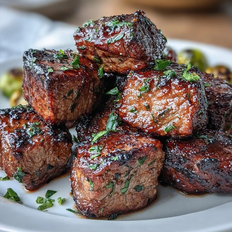 Tender steak cubes tossed in zesty lemon garlic butter, served with crispy roasted Brussels sprouts for a low-carb dinner.  
