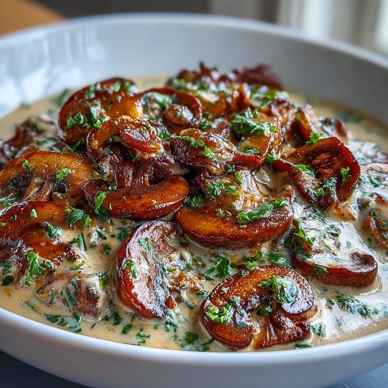 Warm bowl of vegan mushroom stroganoff with brown rice, garnished with fresh parsley and black pepper.