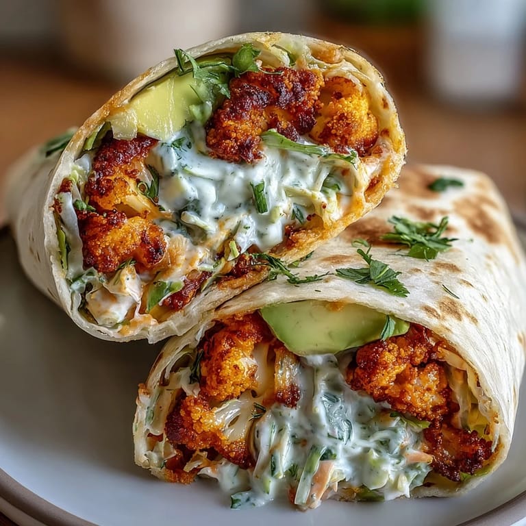 Golden baked cauliflower tossed in tangy buffalo sauce, wrapped with crunchy slaw and avocado for a satisfying vegan meal.  