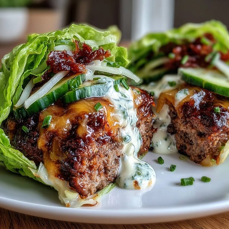 Crispy lettuce wraps stuffed with seasoned cheeseburger patties, topped with pickles, onions, and a smoky keto-friendly secret sauce for bold flavor.