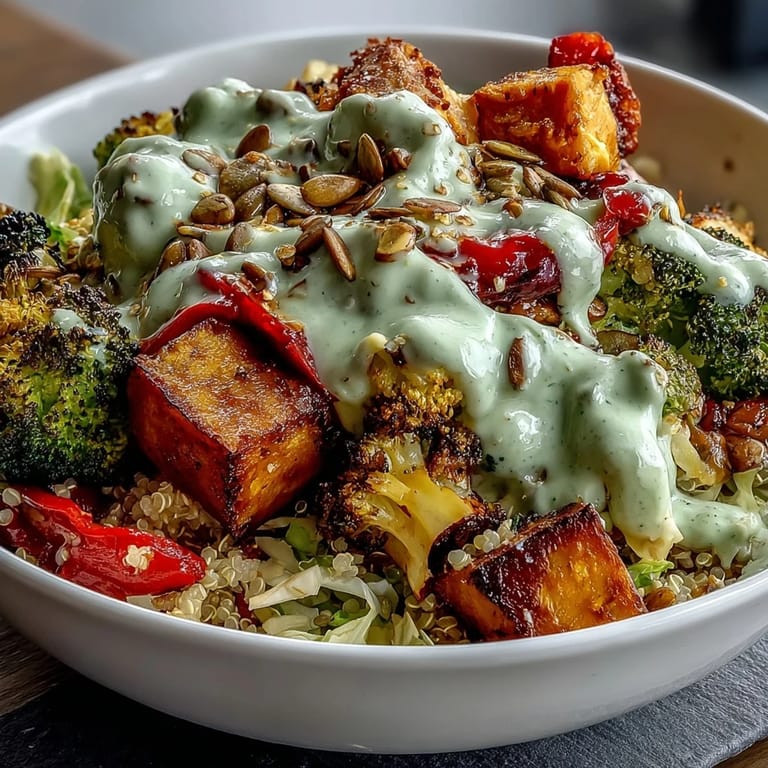 Hearty quinoa and chickpeas form the base of this nourishing roasted veggie bowl, finished with crunchy pumpkin seeds and tangy avocado dressing.  