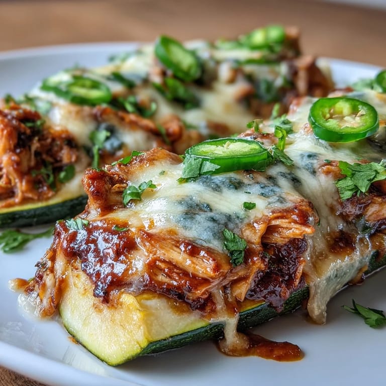Oven-baked zucchini boats filled with keto chicken enchilada mixture, garnished with fresh cilantro and jalapeño slices, all covered in bubbling cheese.