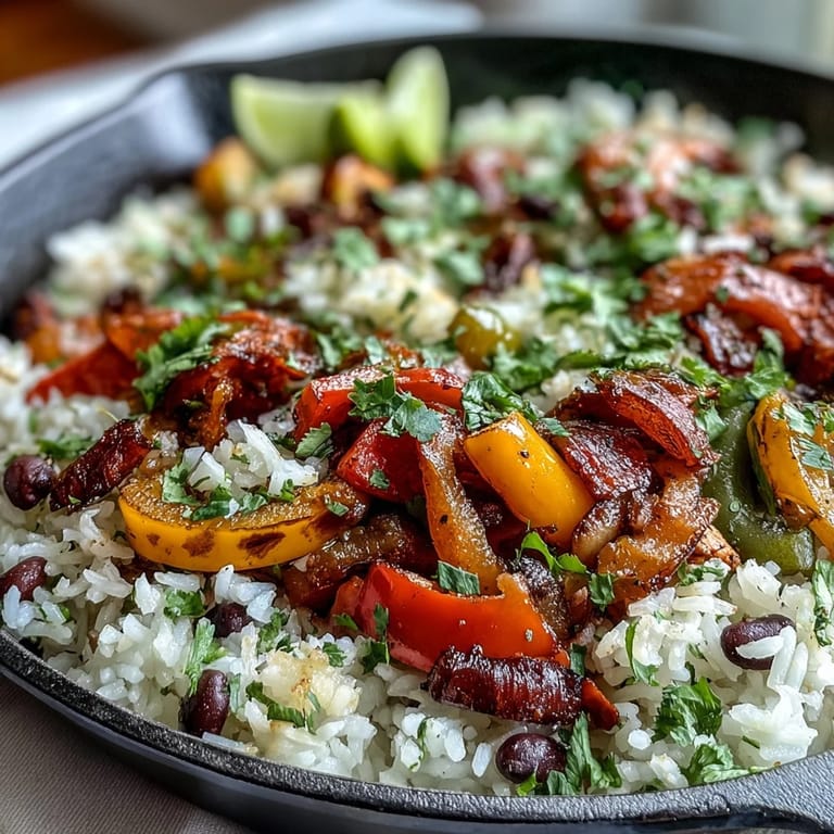 Smoky vegan fajita rice skillet with sautéed peppers, onions, and black beans, garnished with lime wedges and avocado slices.  