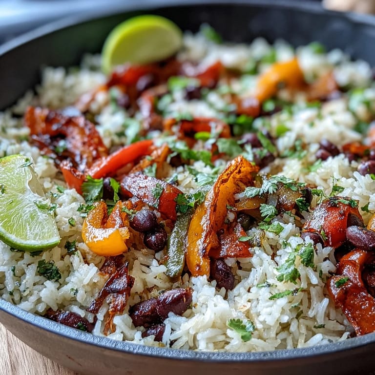 Hearty one-pan vegan fajita rice skillet featuring tender vegetables, black beans, and spices, topped with fresh herbs for a satisfying meal.