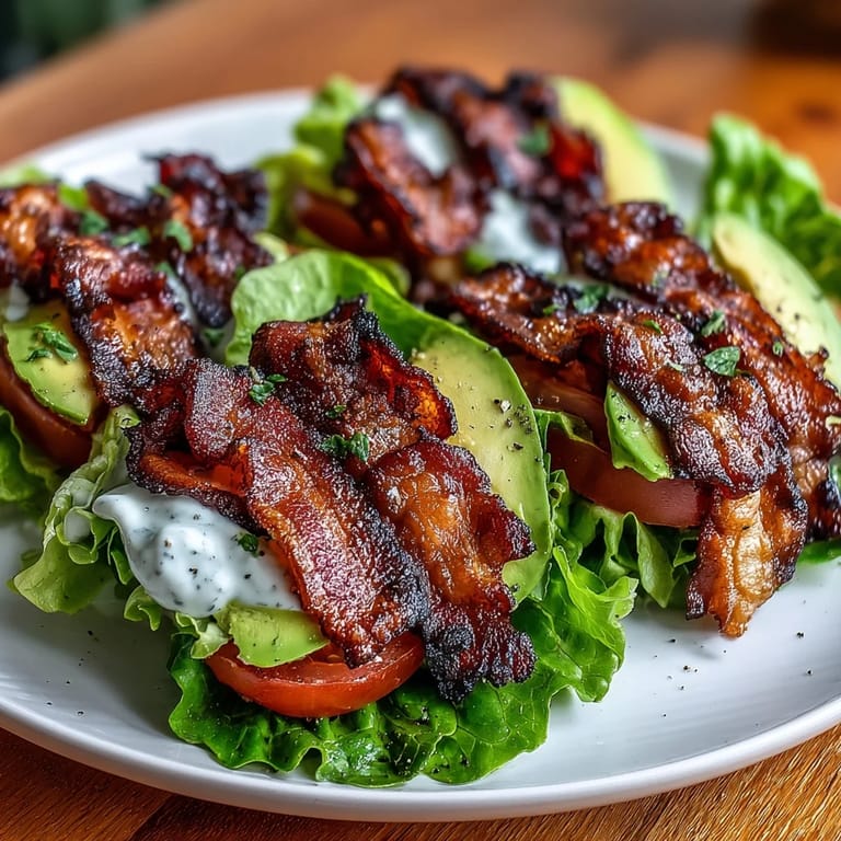 Close-up of Keto BLT Lettuce Wraps filled with smoky bacon, creamy avocado, and zesty garlic mayo, garnished with cracked black pepper and red onion.