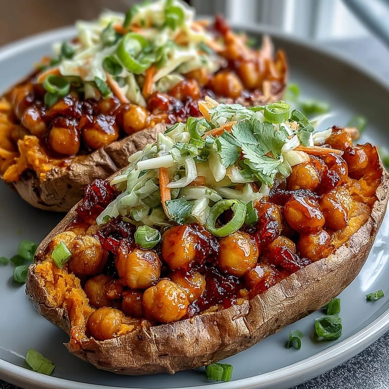 Tender baked sweet potatoes filled with savory BBQ chickpeas and fresh cilantro slaw for a hearty plant-based meal.
