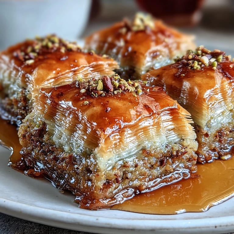 A tray of crispy, buttery baklava cut into diamond shapes, showcasing the rich pistachio filling and glistening honey glaze.  