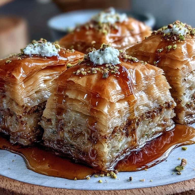 Close-up of Pistachio & Honey Baklava revealing the flaky phyllo layers, crunchy pistachios, and sticky-sweet honey syrup.