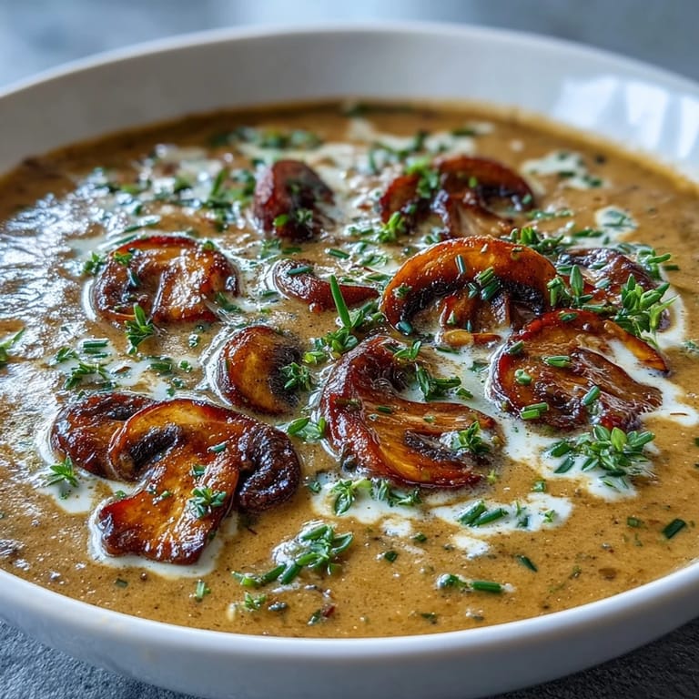 Creamy Wild Mushroom Bisque featuring wild mushrooms, leeks, and a swirl of heavy cream.