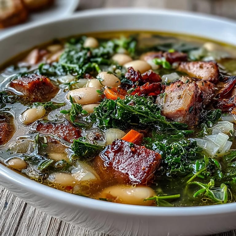 Hearty ham and kale white bean soup with vibrant greens, creamy beans, and smoky ham, perfect for a nourishing winter meal.