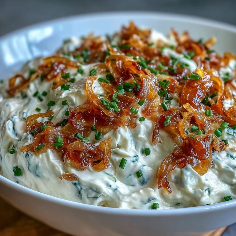 Rich and savory caramelized onion dip featuring tangy sour cream and fresh herbs.  