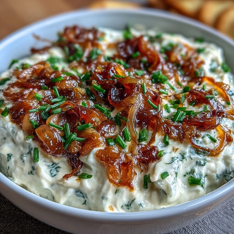 Golden caramelized onions blended into a smooth dip with sour cream and chives.