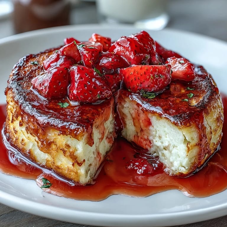Golden-brown cottage cheese pancakes served with a fresh, sweet strawberry syrup drizzle for brunch.