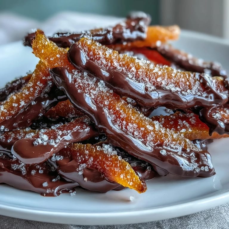 Aromatic orange peel transformed into tender candy and dipped in rich dark chocolate, offering a bright and sophisticated treat.
